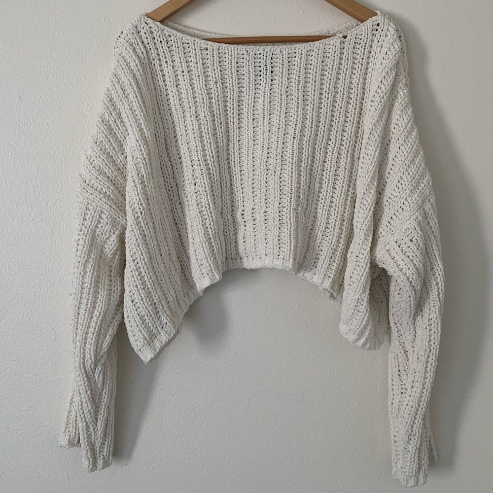 FOREVER 21 | White Chunky Knit Wide Neck Cropped Sweater - Picture 4 of 5
